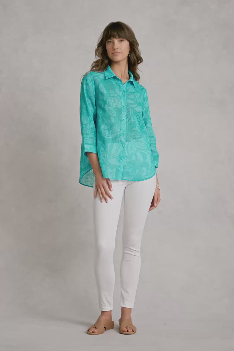 Longline Cotton Shirt - Foliage Print