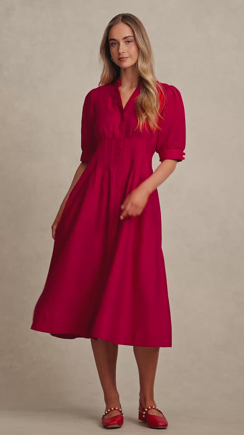 Pintuck Linen Dress - Brick Red