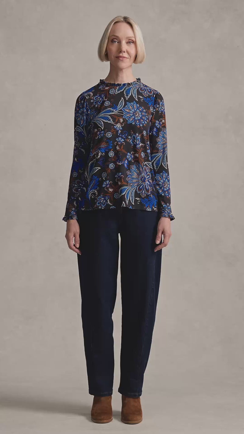 Soft Frill Detail Top - Indigo Chintz Print