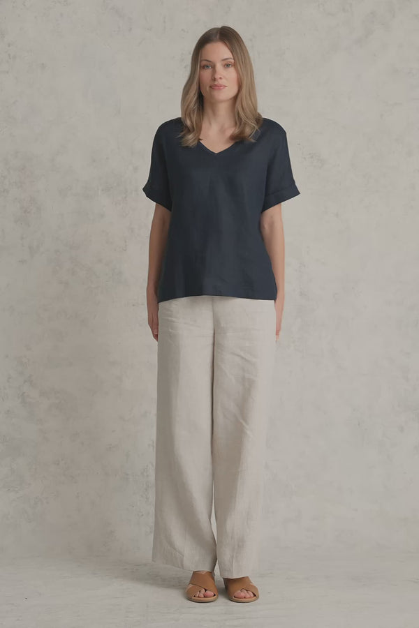 Linen Mix V-Neck Top - Ink