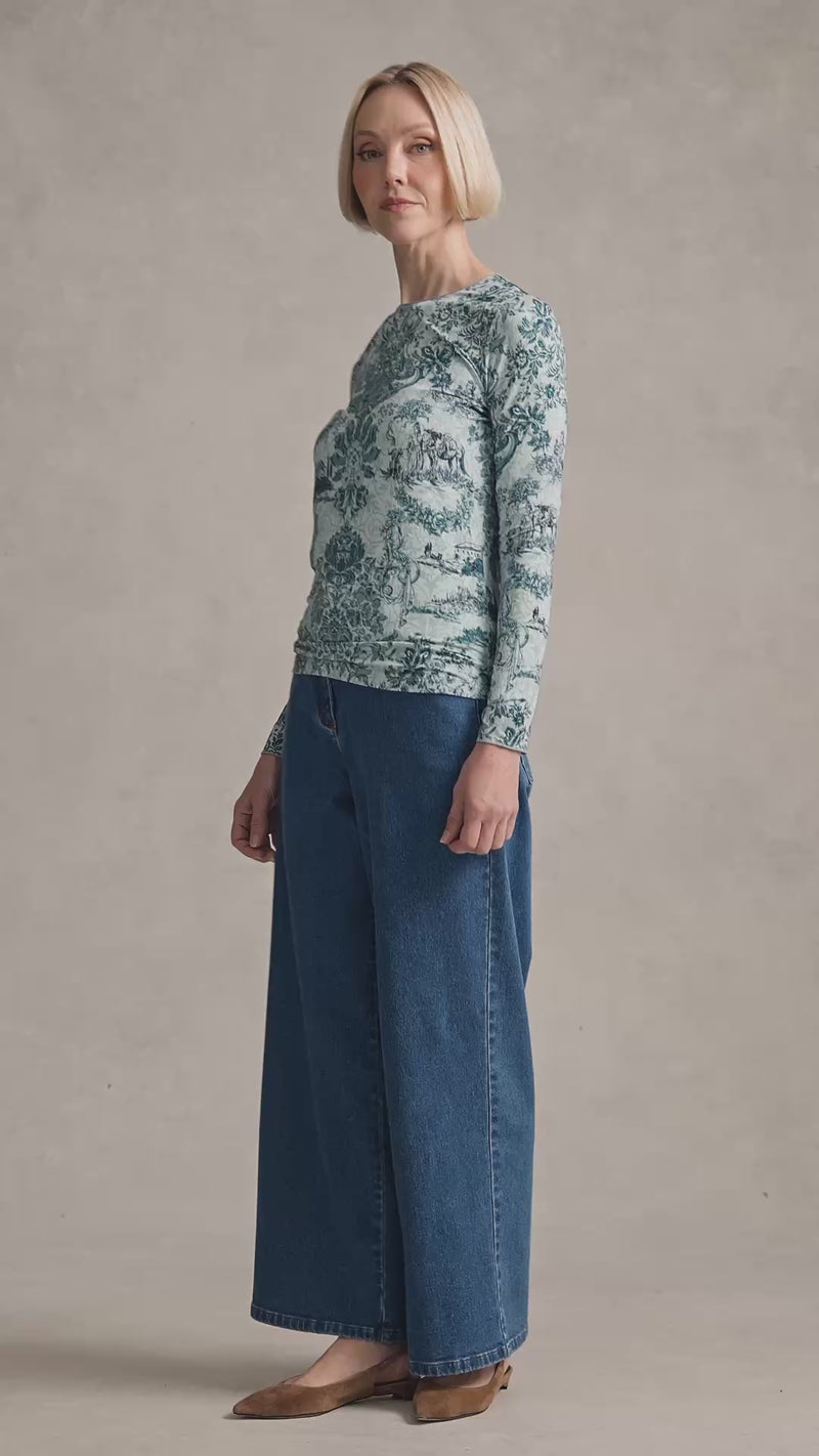 Long Sleeve Crew Neck Top - Baroque Print