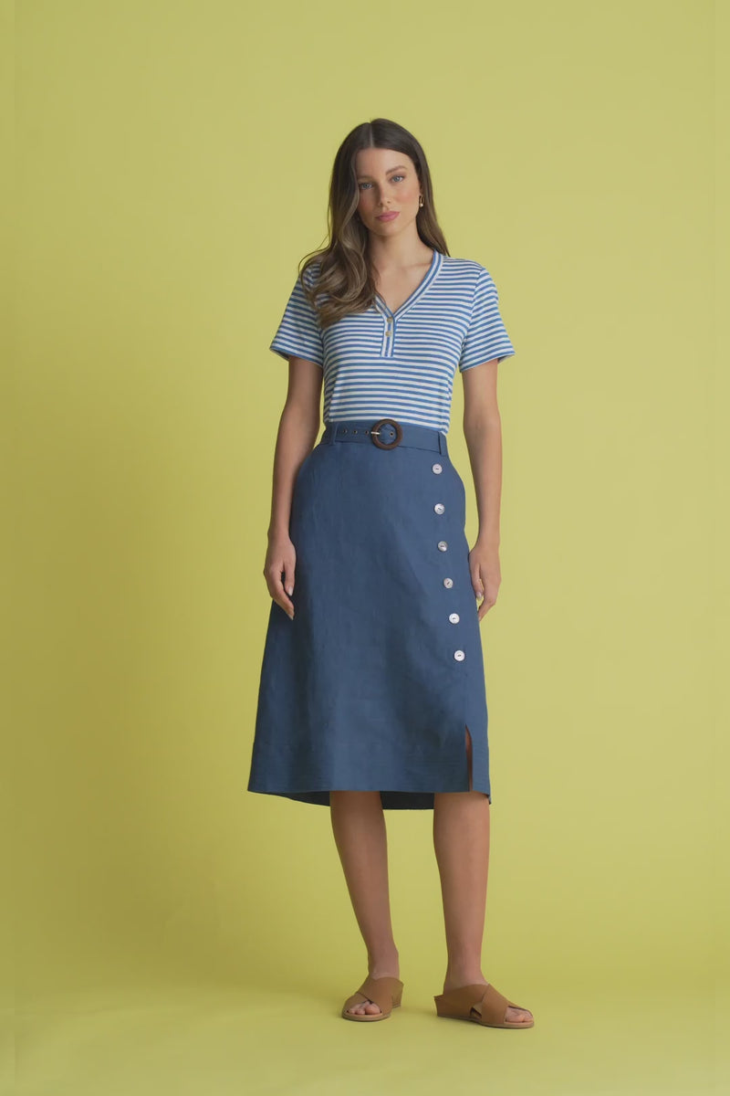 Belted Linen Skirt - Navy Cross Dye