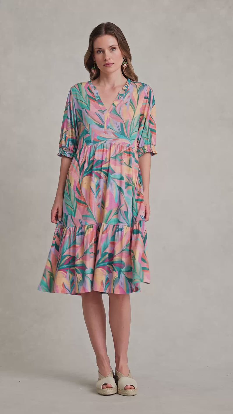 Jersey Tiered Dress - Multi Palm Print