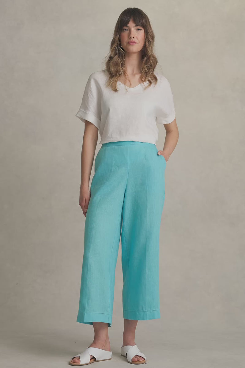 ANKLE LENGTH LINEN WIDE LEG PANT - BLUE LAKE 