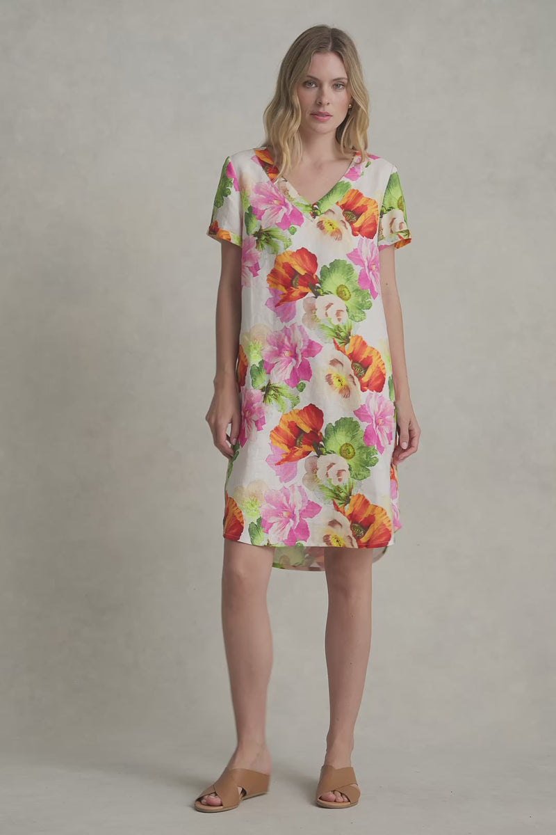 V-NECK LINEN DRESS - MULTI FLORAL