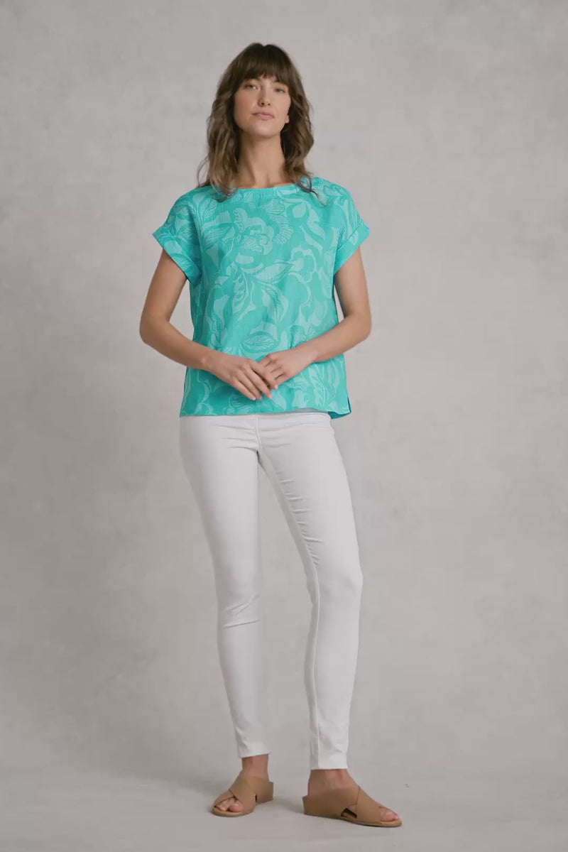 Linen Button Back Top - Foliage Print