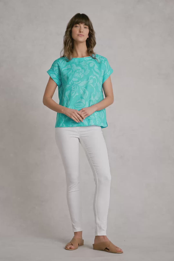 Linen Button Back Top - Foliage Print