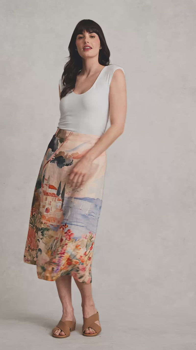 Scenic Linen Skirt - Coastal Scenic Print