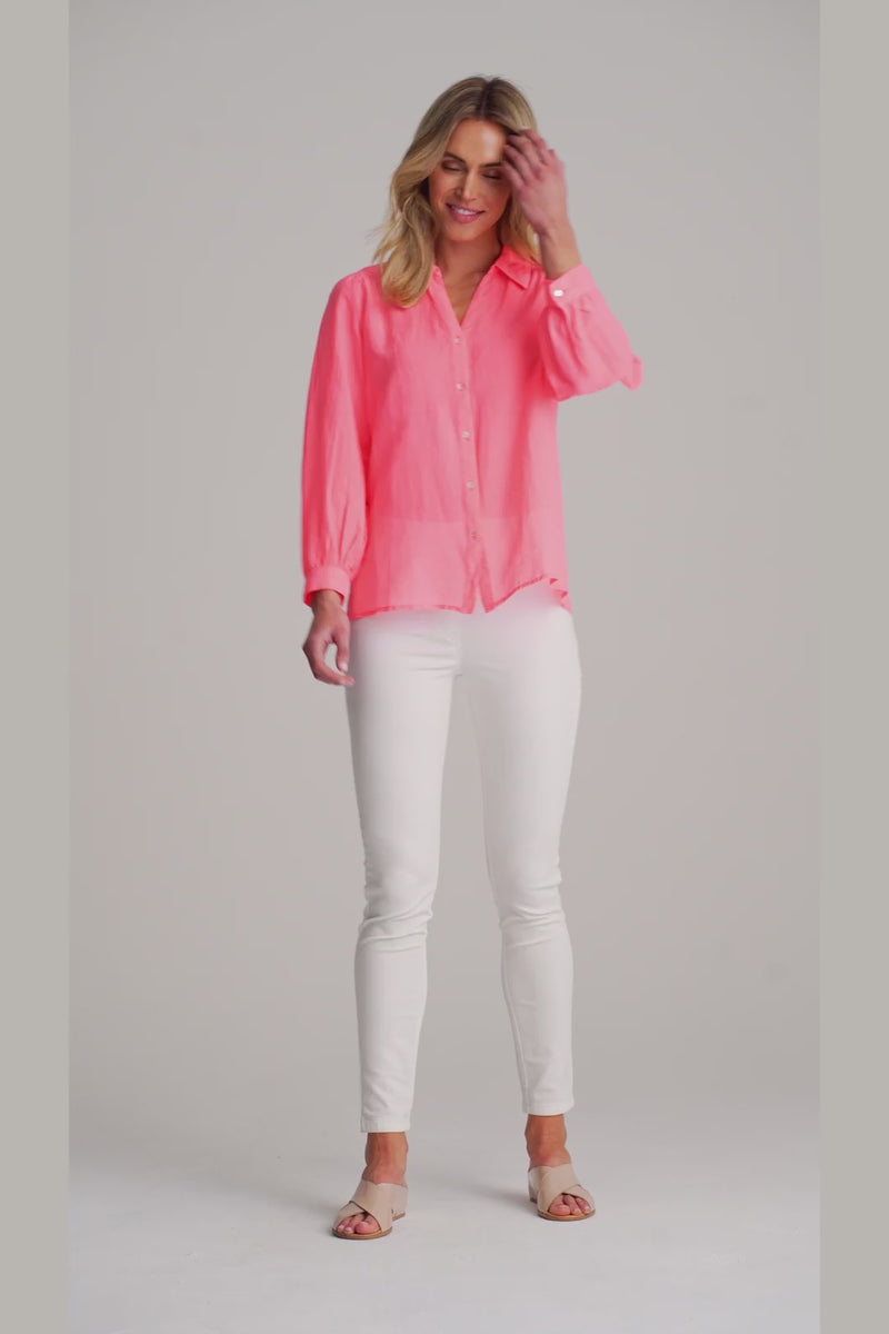 Cotton Silk Blouson Shirt - Neon Coral