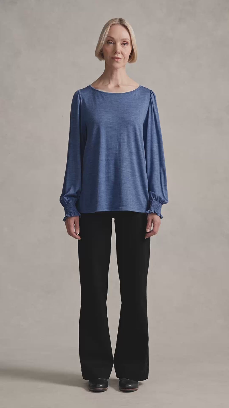 Shirred Cuff Merino Top - Bluebell Marle