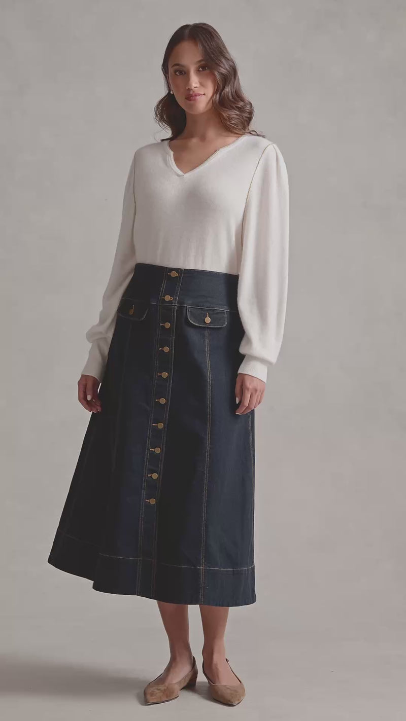 Button Front Denim Skirt - Dark Denim