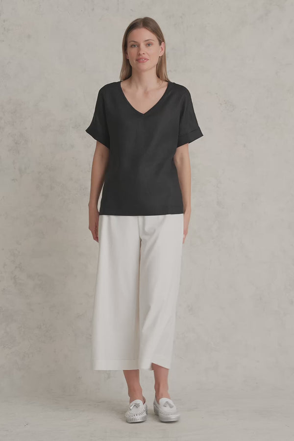 Linen Mix V-Neck Top - Black