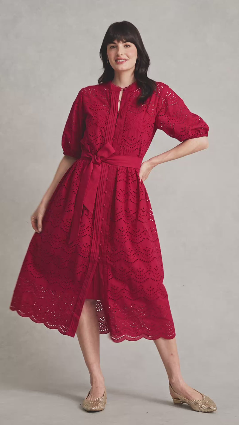 Cotton Broderie Dress - Brick Red