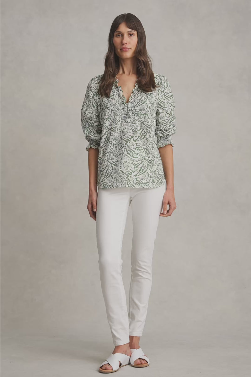 Ruffle Cotton Top - Khaki and White Paisley Print