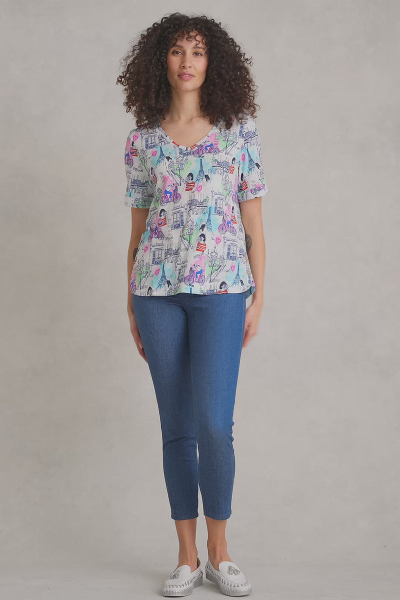 Printed V-Neck T-Shirt - Streets of Paris Print