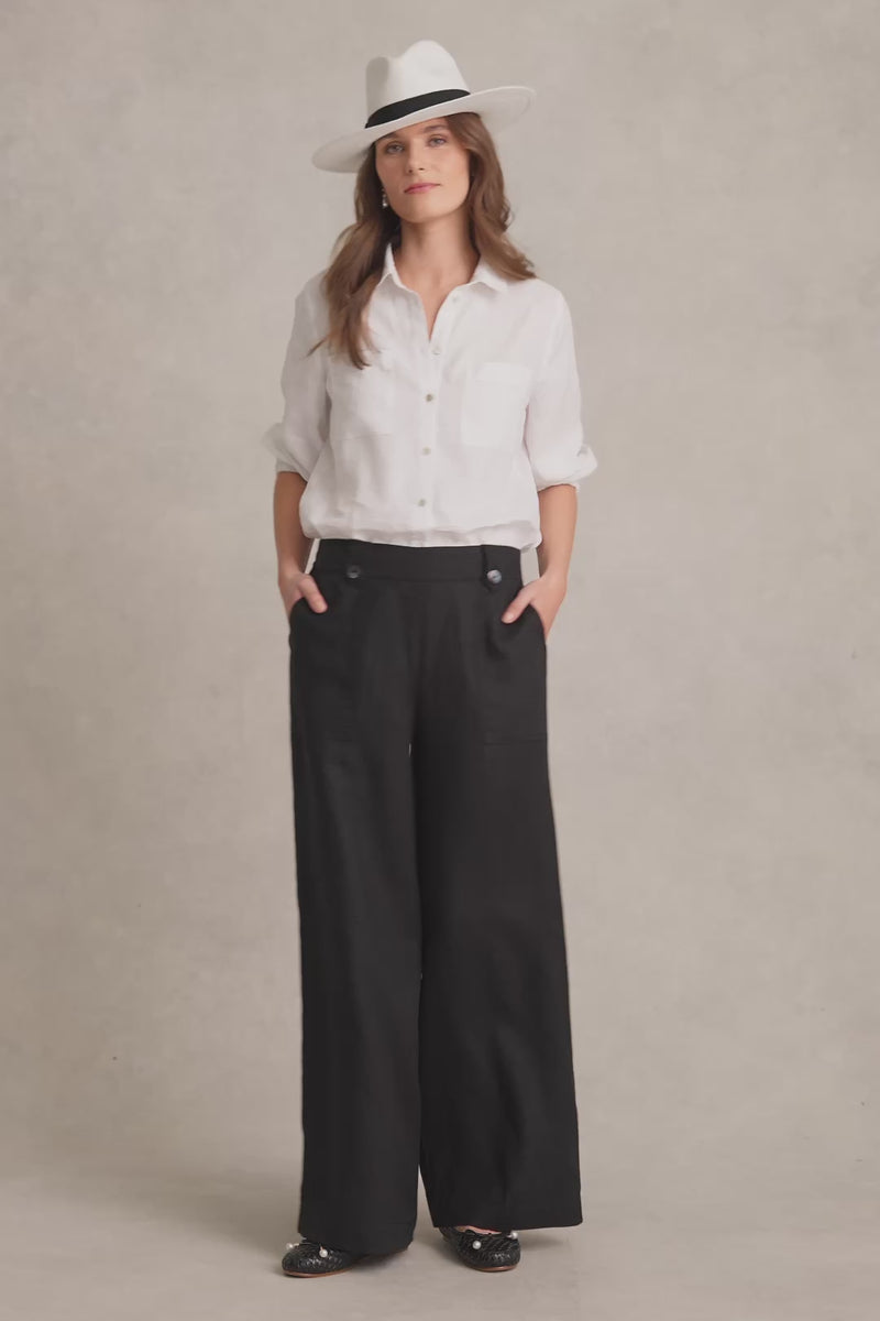 Full Length Waist Tab Linen Pant - Black