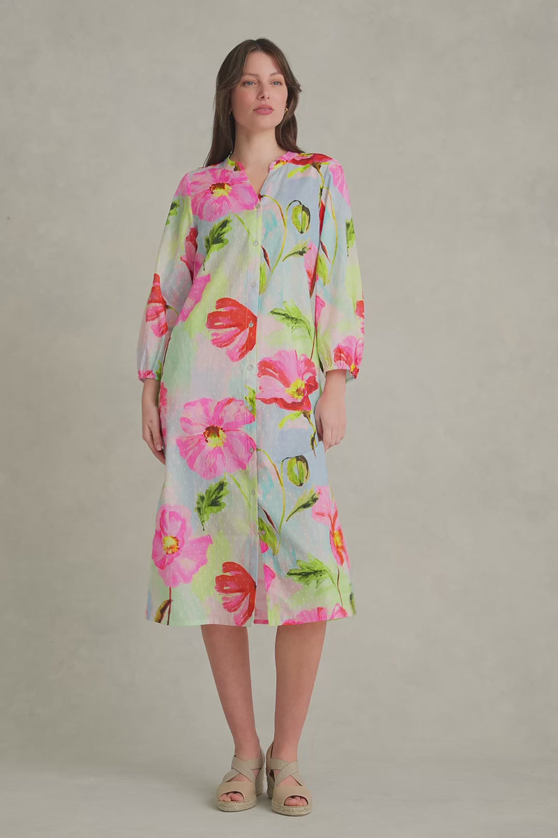 Printed Cotton Shirt Dress - Painterly Meadow Print