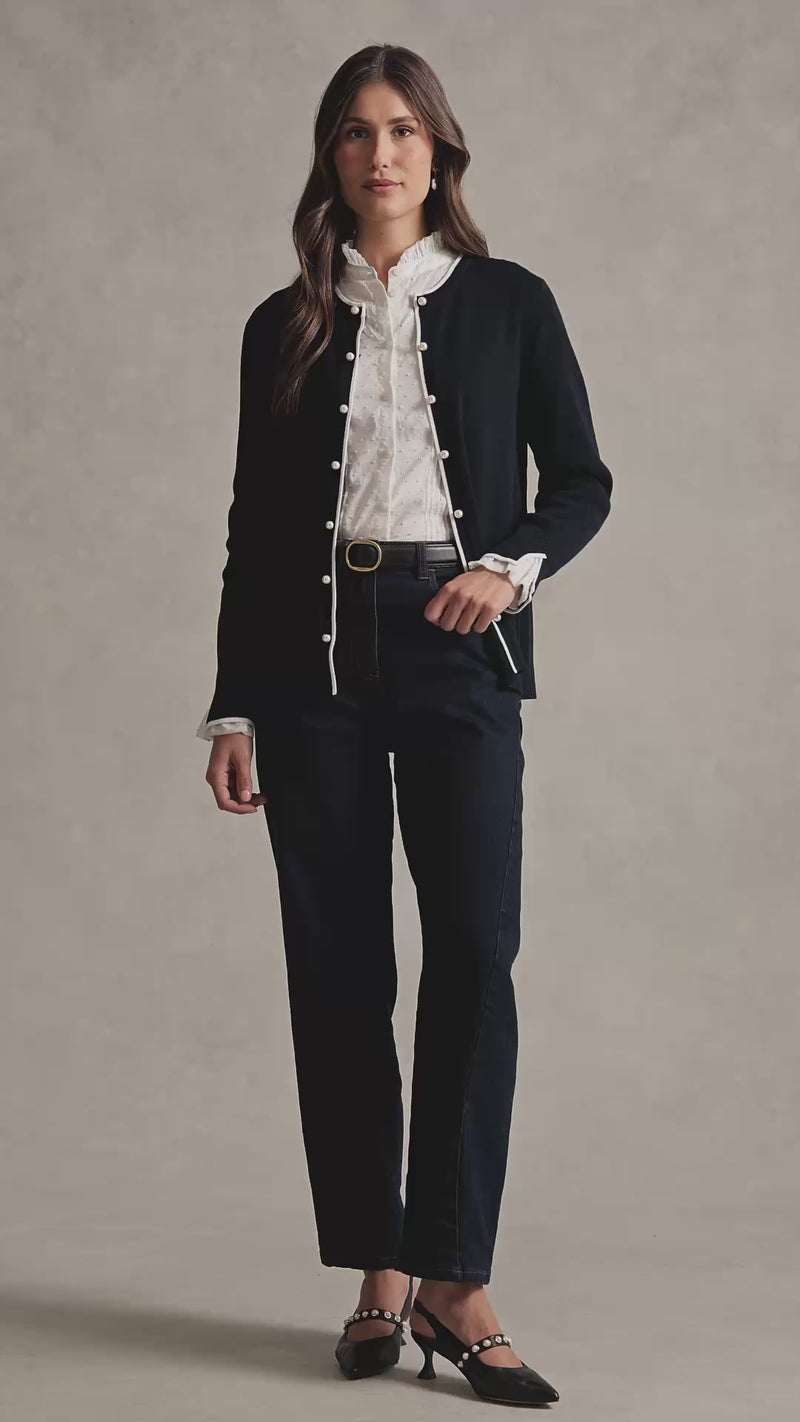 Contrast Rib Cardigan - French Navy / White