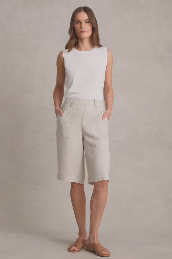 Waist Tab Linen Short - Natural Cross Dye