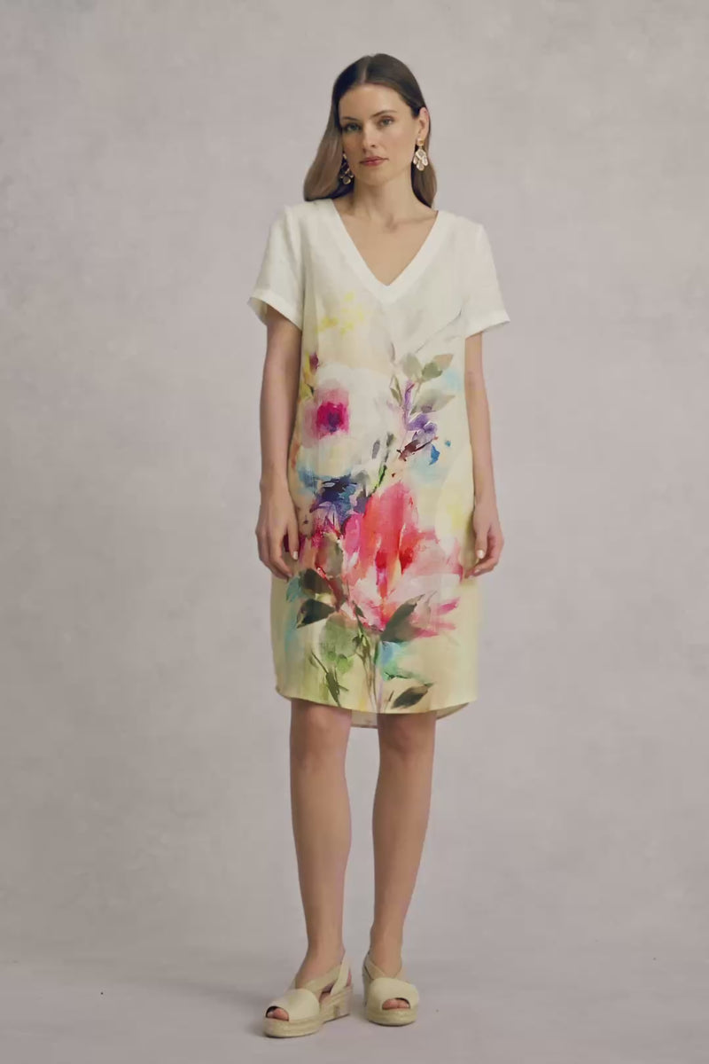 V-Neck Linen Dress - Watercolour Floral