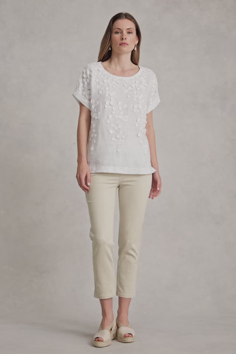 Mixed Linen Floral T-Shirt - White