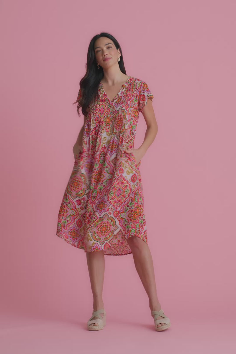 Pleat Front Midi Dress - Pink Tile Print