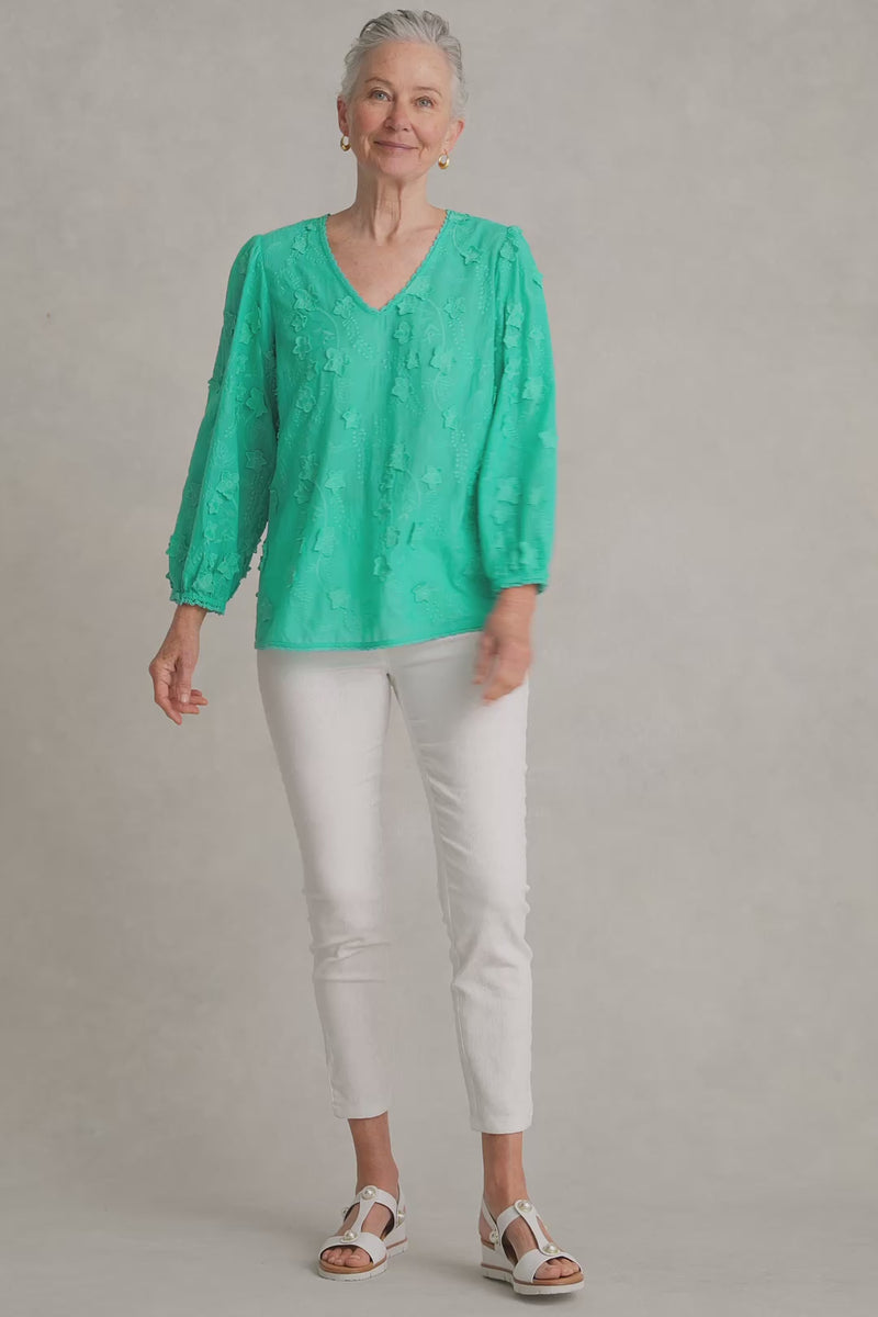 Lace Trim Embroidered Top - Sea Glass