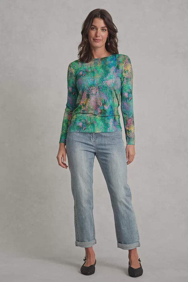 Long Sleeve Crew Neck Top - Abstract Monet Print