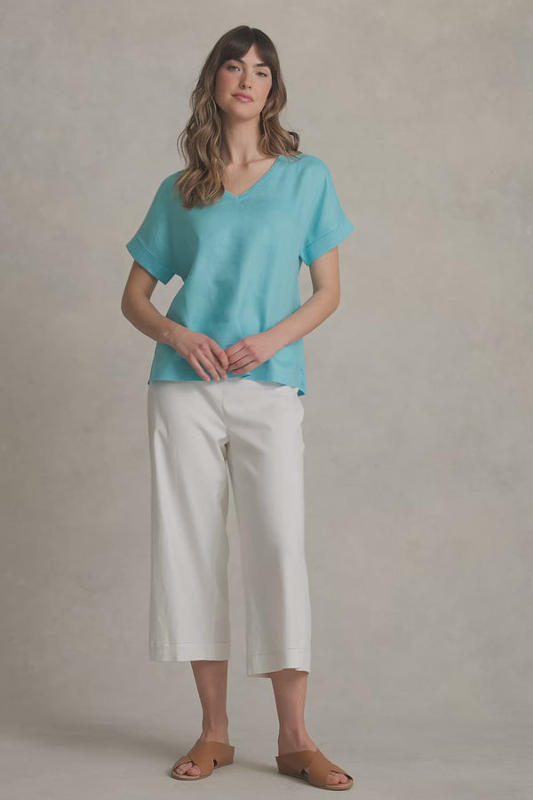 LINEN MIX V-NECK TOP - BLUE LAKE