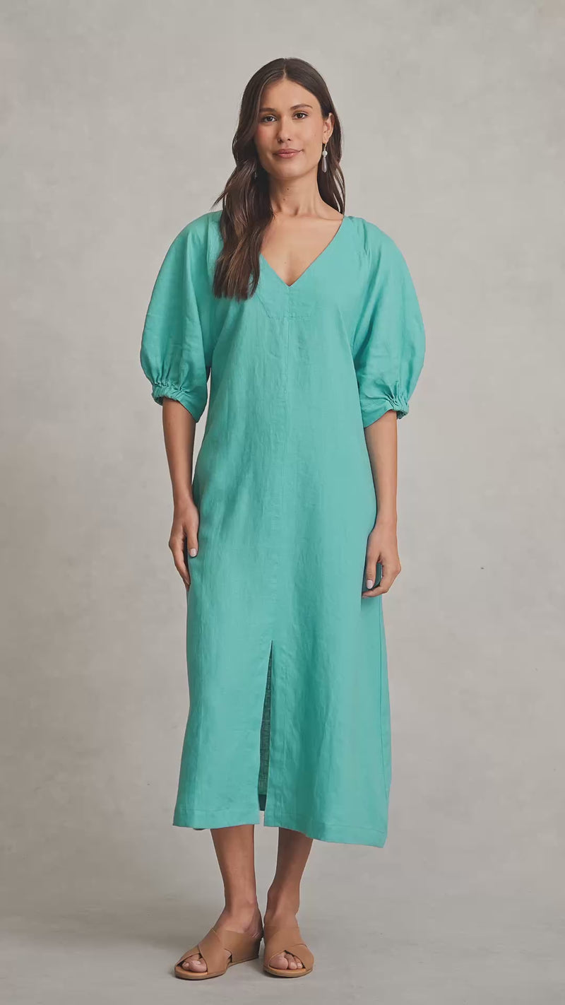 Raglan Sleeve Linen Dress - Aqua Blue
