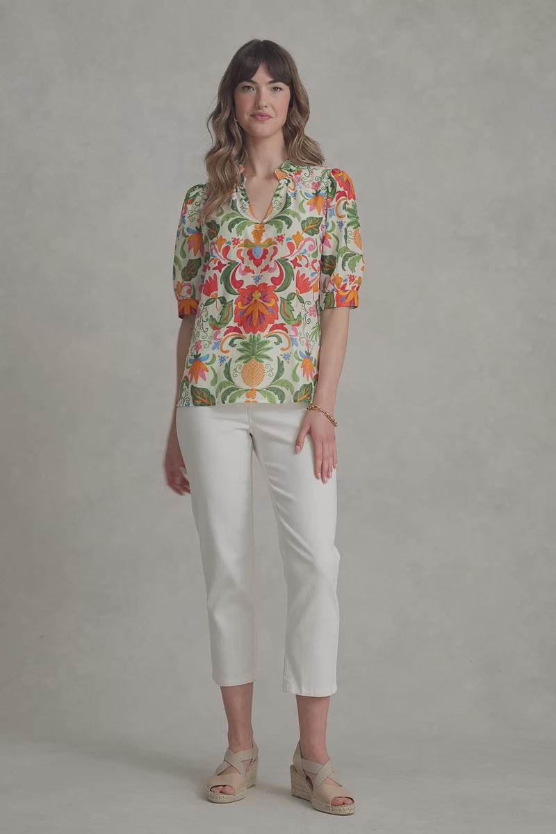 Ruffle Collar Blouse - Tropical Tambour Print